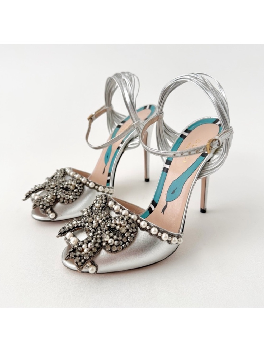 GUCCI || Allie Bow Metallic Pearl Crystal  Bridal Sandals Silver Heels EU 36.5